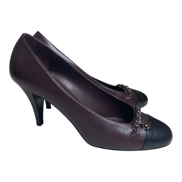Chanel Bordeaux Leather Cap Toe Chain CC Charm Pumps 40 - Picture 4 of 11